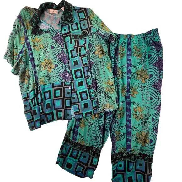 Vintage Plus Size 2 Piece Set 22W 24W Teal Patchwork Rayon Pants Shirt Outfit - Picture 3 of 16